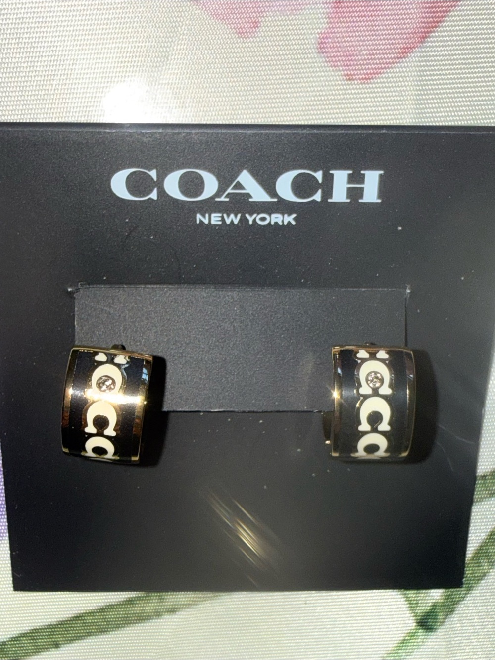 Coach Black and Gold tone Signature C Huggie Earrings - Picture 2 of 5